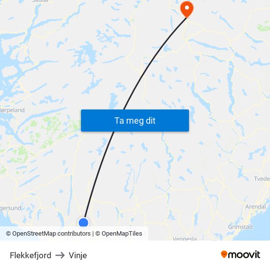 Flekkefjord to Vinje map