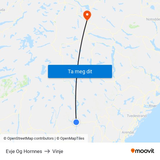 Evje Og Hornnes to Vinje map