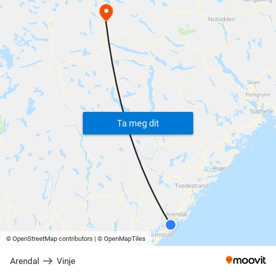 Arendal to Vinje map