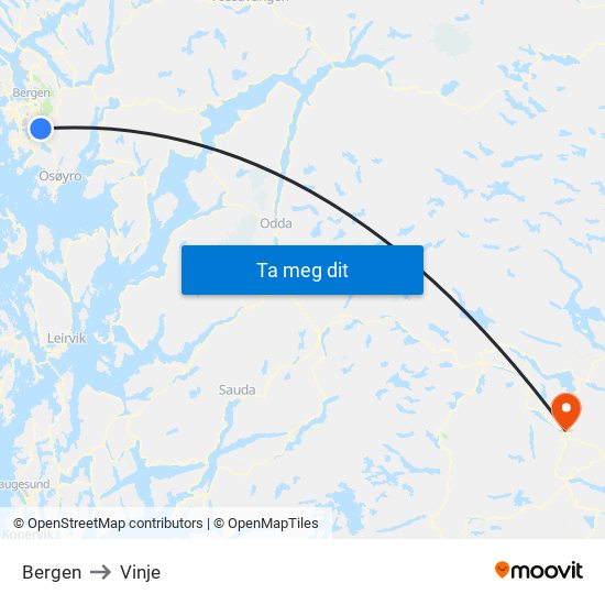 Bergen to Vinje map