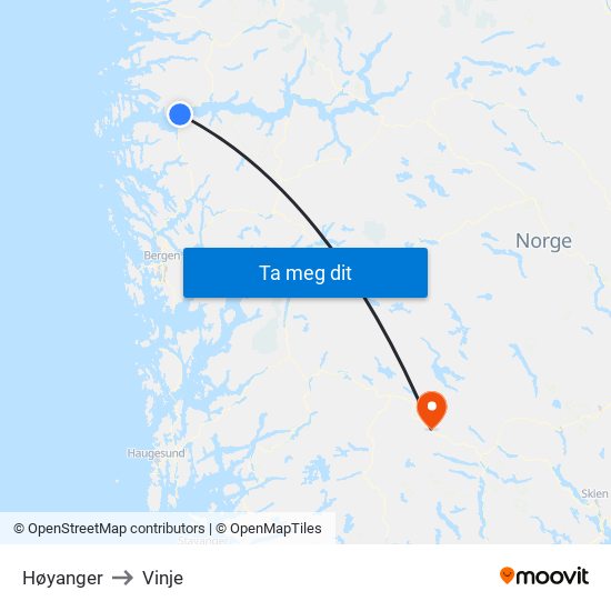 Høyanger to Vinje map