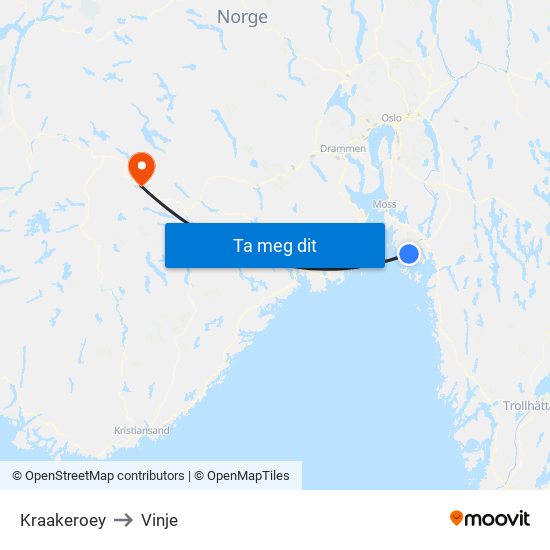 Kraakeroey to Vinje map