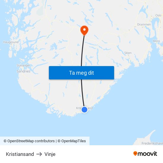 Kristiansand to Vinje map