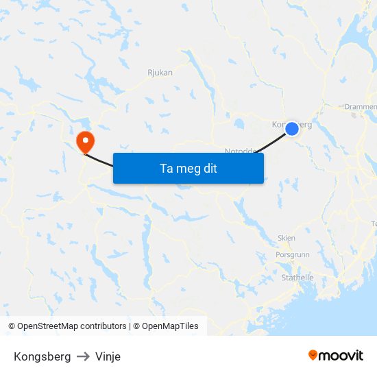 Kongsberg to Vinje map