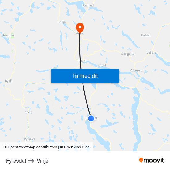Fyresdal to Vinje map