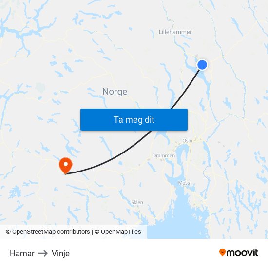 Hamar to Vinje map