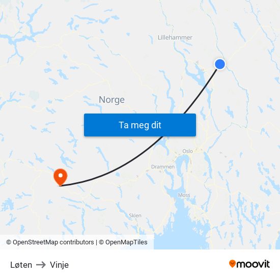 Løten to Vinje map