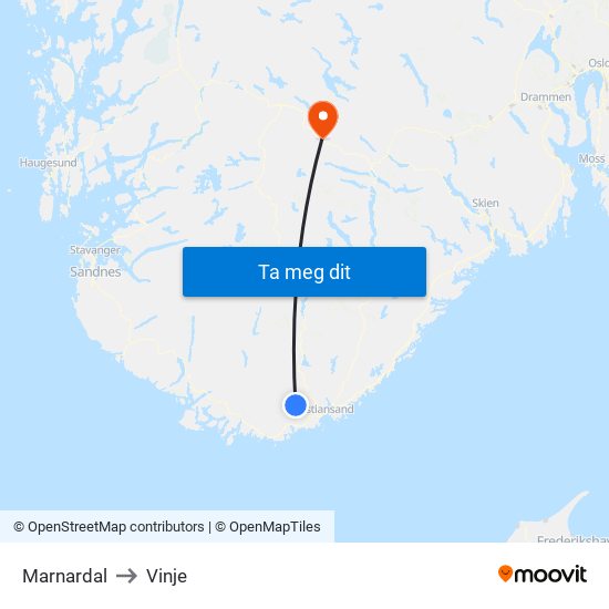 Marnardal to Vinje map