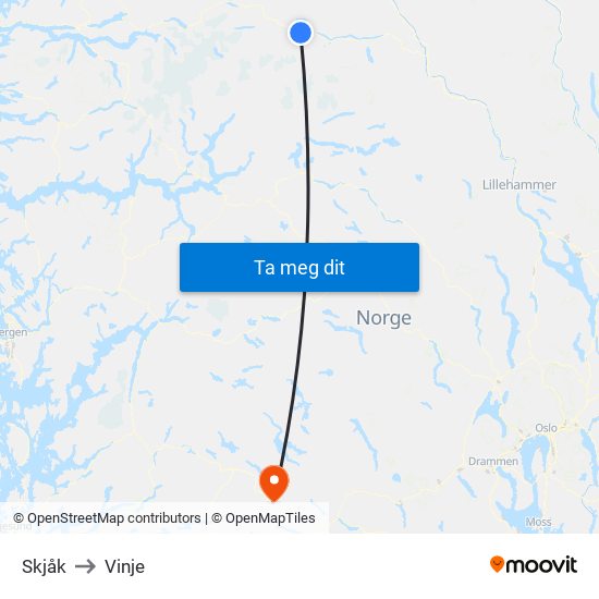 Skjåk to Vinje map