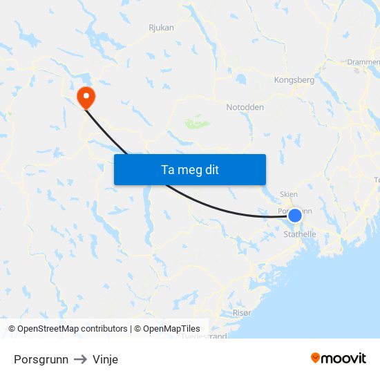 Porsgrunn to Vinje map