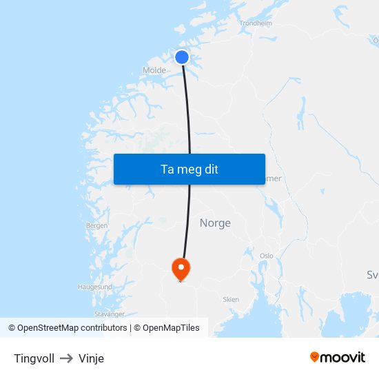 Tingvoll to Vinje map