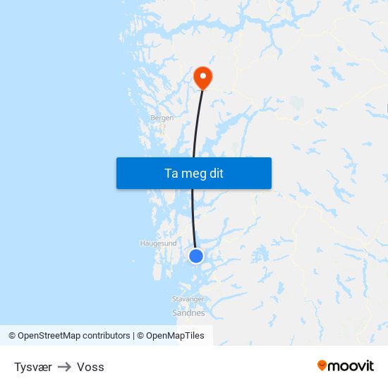 Tysvær to Voss map