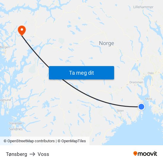 Tønsberg to Voss map