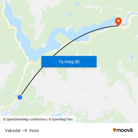 Vaksdal to Voss map