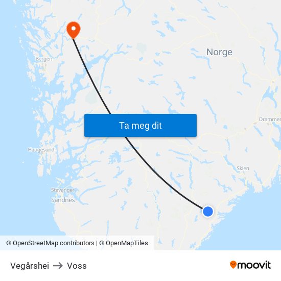 Vegårshei to Voss map