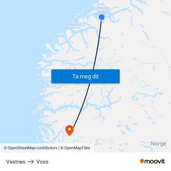 Vestnes to Voss map