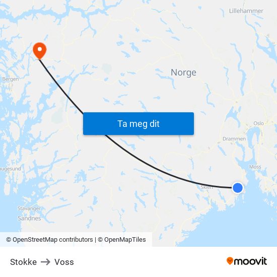 Stokke to Voss map