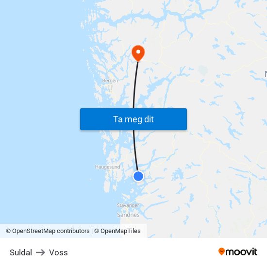 Suldal to Voss map