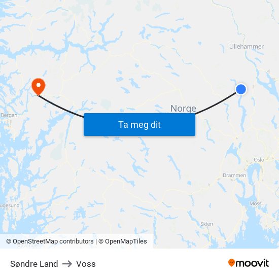 Søndre Land to Voss map