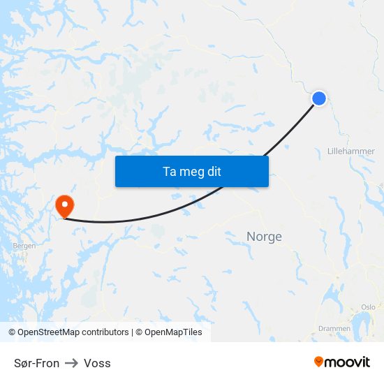 Sør-Fron to Voss map