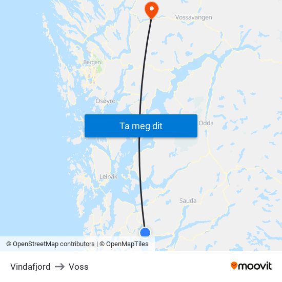 Vindafjord to Voss map
