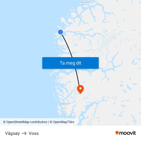 Vågsøy to Voss map