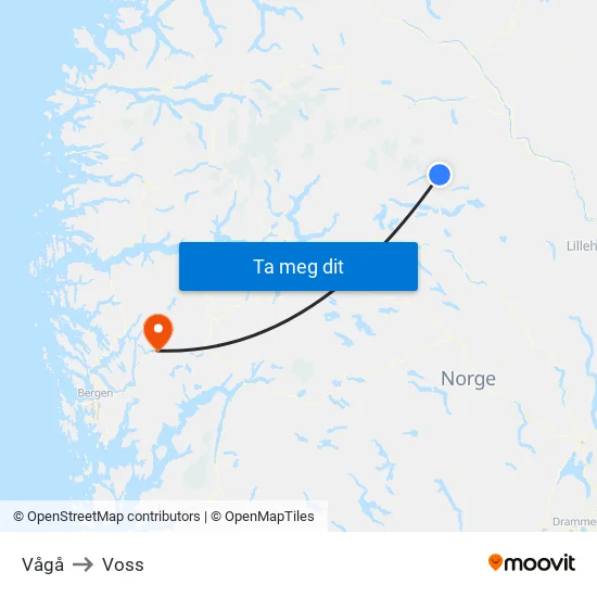 Vågå to Voss map