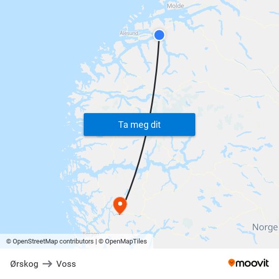 Ørskog to Voss map
