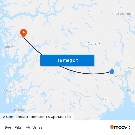 Øvre Eiker to Voss map