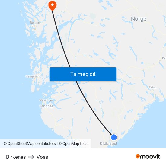 Birkenes to Voss map