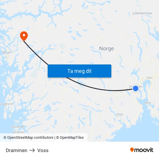 Drammen to Voss map