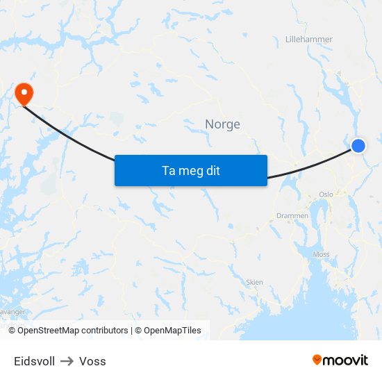 Eidsvoll to Voss map