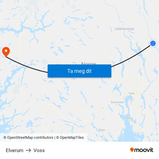 Elverum to Voss map