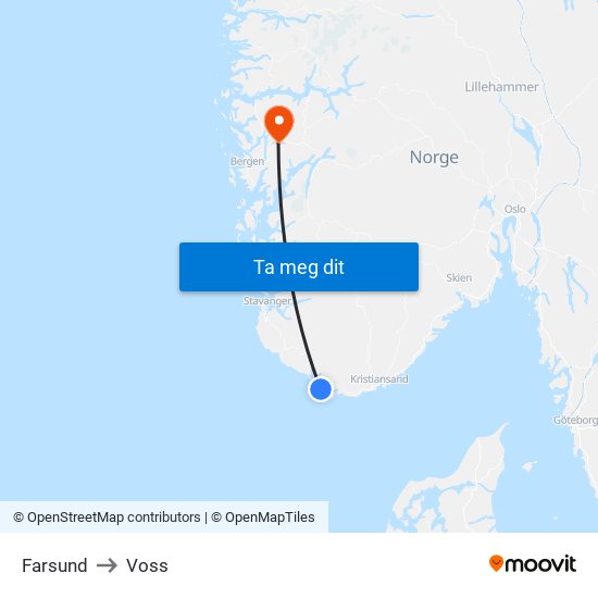 Farsund to Voss map