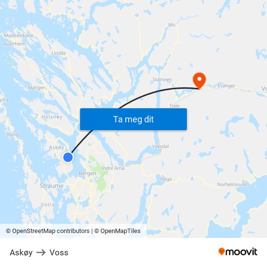 Askøy to Voss map