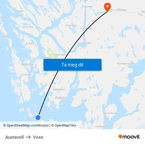 Austevoll to Voss map