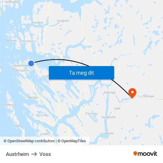 Austrheim to Voss map