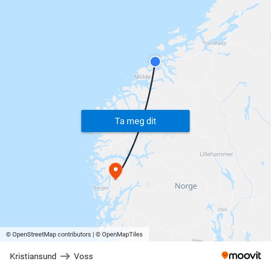 Kristiansund to Voss map