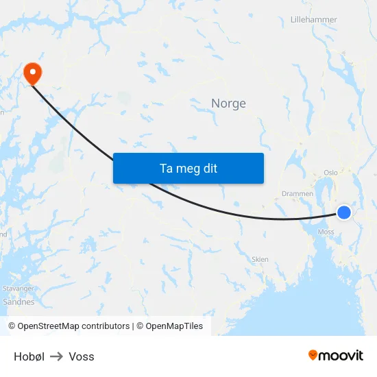 Hobøl to Voss map
