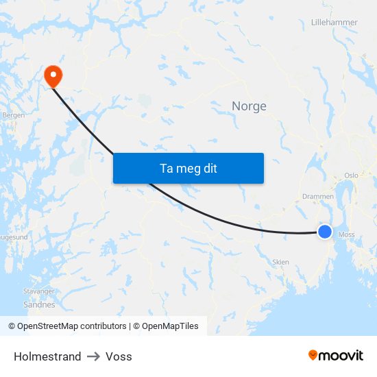 Holmestrand to Voss map