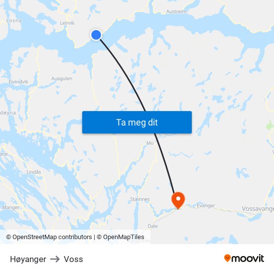 Høyanger to Voss map