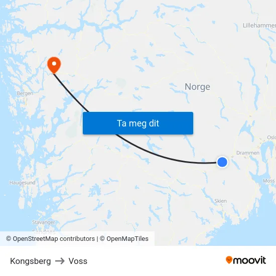 Kongsberg to Voss map