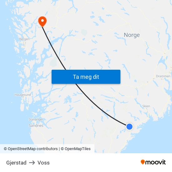 Gjerstad to Voss map