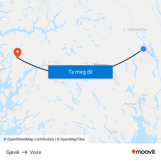 Gjøvik to Voss map