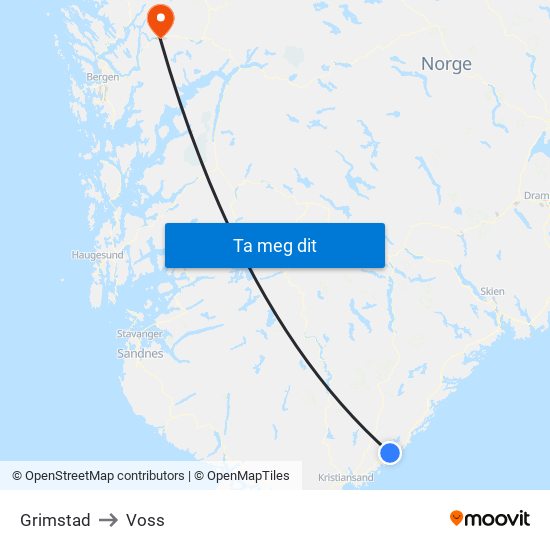 Grimstad to Voss map