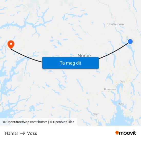 Hamar to Voss map