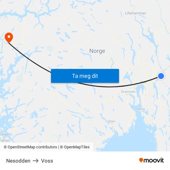 Nesodden to Voss map