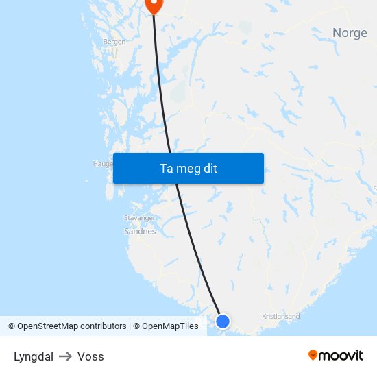 Lyngdal to Voss map