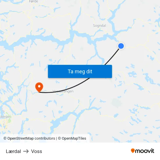 Lærdal to Voss map