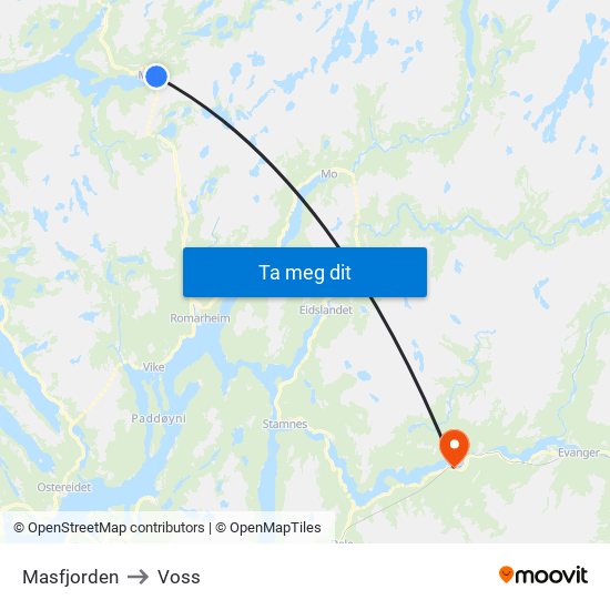 Masfjorden to Voss map